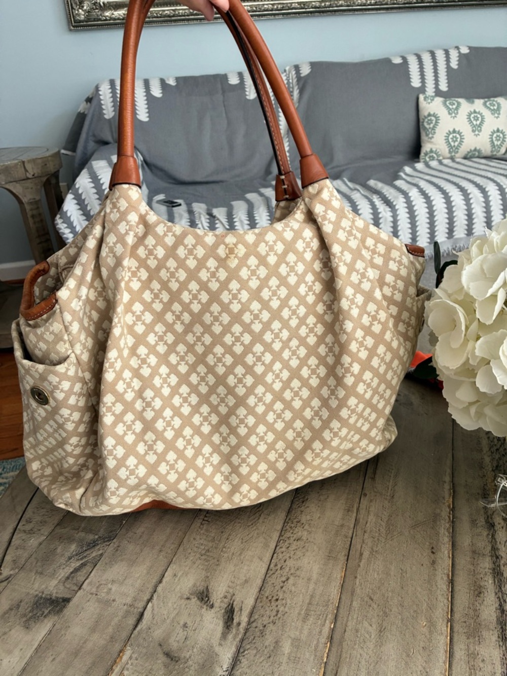 kate spade Beige Canvas Tote Diaper Bag or Beach Bawith Pink & Red Center Stripe - Picture 5 of 6